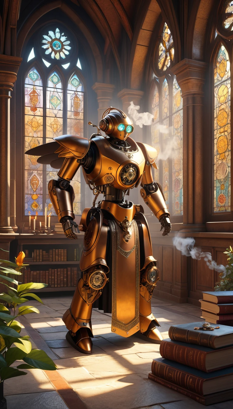 (best quality,4k,8k,highres,masterpiece:1.2),ultra-detailed,(realistic,photorealistic,photo-realistic:1.37),medieval monastery garden,steampunk robot monk,beautiful ornate architecture,steampunk machinery and gears,exquisite stained glass windows,enchanted flower garden,ancient stone walkway with intricate carvings,glowing candles and dimly lit atmosphere,steam and smoke billowing from the machinery,mystical atmosphere,peaceful and serene setting,mechanical wings attached to the robot monk's back,robot monk with intricate clockwork mechanisms,electromechanical eyes glowing with energy,warm golden color palette,gentle sunlight streaming through the stained glass windows,whispering sound of wind and rustling leaves,the scent of aged books and incense,notes of ancient Gregorian chants echoing in the air,sense of awe and tranquility,combination of futuristic and medieval elements,harmony of technology and spirituality.