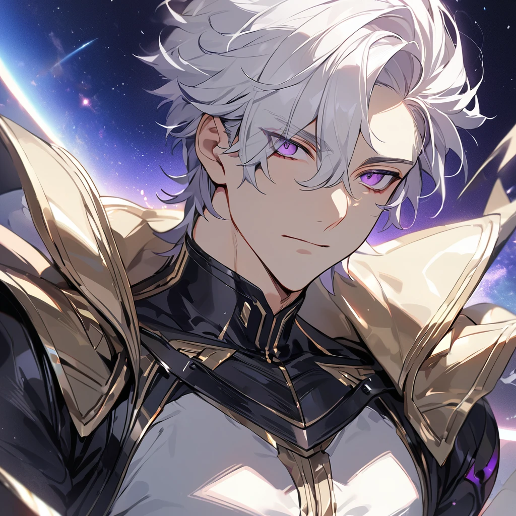 High quality, HD, 4k, no shadows, handsome male, 1male, , teenager, go lining, short white hair, sharp eyes, dark purple eyes, deep purple eyes, devil may cry, close up, calm expression, stoic expression, black leather clothes, white leather clothing, lean body, well trained body, upper body, looking at viewer, cowboy shot, white solar, space background