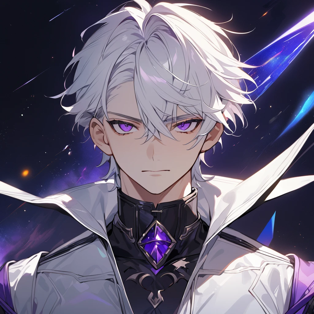High quality, HD, 4k, no shadows, handsome male, 1male, 17 years old, teenager, golden lining, short white hair, sharp eyes, dark purple eyes, deep purple eyes, devil may cry, close up, calm expression, stoic expression, black leather clothes, white leather clothing, lean body, well trained body, upper body, looking at viewer, cowboy shot, white solar, space background