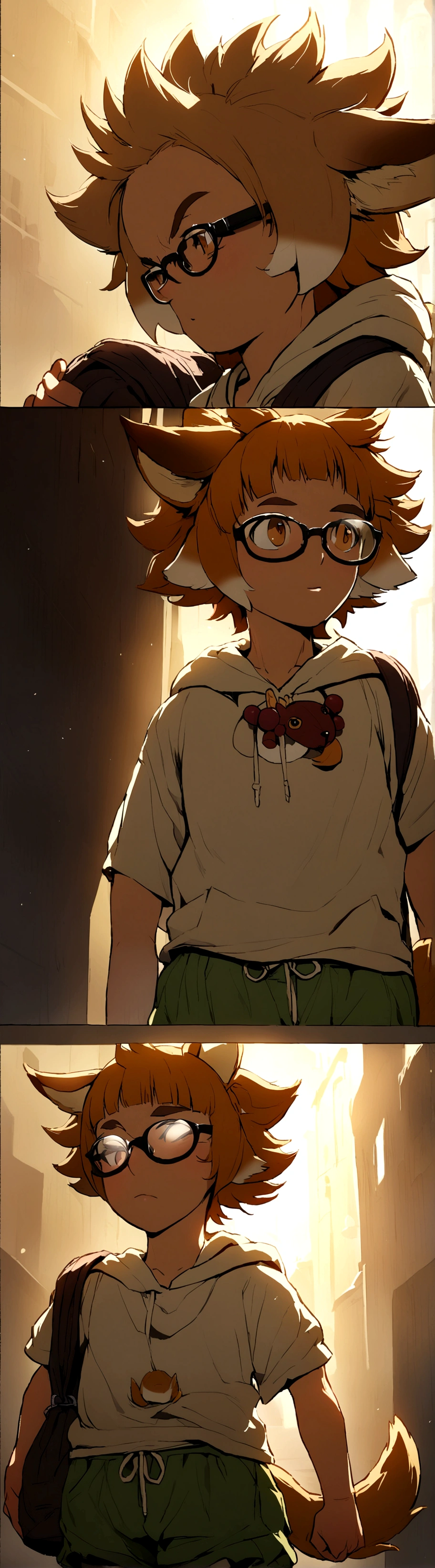 Kizi, brown curly hair, coyote ears and tail, hooded shirt, baggy shorts,glasses, , duffel bag