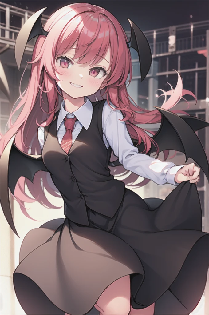 masterpiece, best quality,  chibi,1girl,koakuma, vest,necktie,skirt,wings,simple background,smile