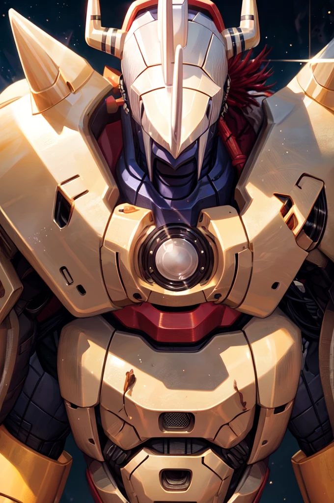 Masterpieces,official art,anthro,male,(wargreymon:1.2),Delicate face,Delicate eyes,helmet, armor, horn, digimon, upper body, depth of field, perfect lighting, light particles,(best quality),(masterpiece),(ultra detailed),sharp focus,light particles 