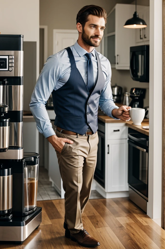 Handsome man standing and making coffee