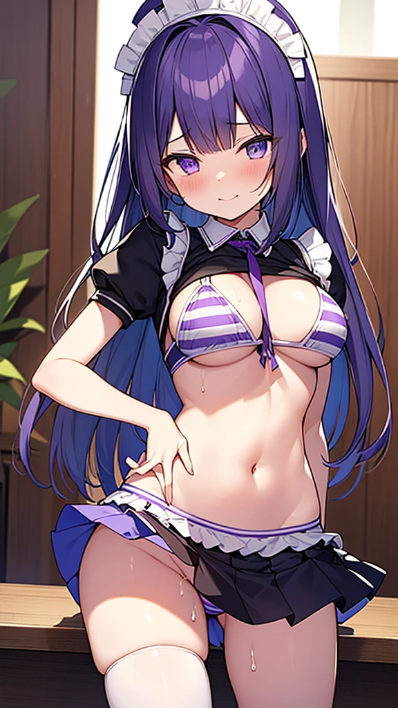 最high quality, high quality, Super detailed, 16K, Ultra-detailed details, pretty girl, alone, beautiful purple hair, Beautiful purple eyes, Big Breasts, A light smile, Summer clothes, Summer Maid clothes, I'm lifting my skirt, Blue and white color striped underwear(Bikini swimsuit under skirt), My crotch is wet with love juice, {{A succubus who steals the face skin and maid uniform from the girl she likes and plays pranks on her、I'm wearing a maid outfit while pretending to be the girl I like.}}, Full body image, NSFW
