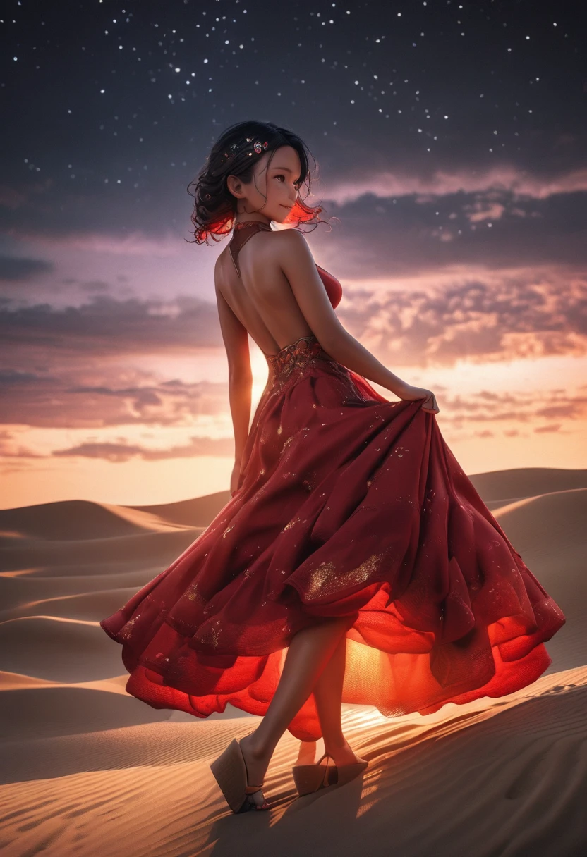 (masterpiece, photo_real, octane-render):1.4, magnificent view, (far away the sea is darker), (midnight sand dunes), sand dunes (Tottori:1.3), (sand ripples:0.95), fantastic, sky full of stars, starry stars cloud colorful, gentle breeze, fantastic Atmosphere, 1 girl, (holding a red umbrella in the right hand, perfect hands), (standing on Center of sand dunes),(detailed brown eyes, jet-black hair,colored inner orange ombre hair multicolored hair, curly):1.21, (flinching hair), Heart-shaped face woman,(in red dress, bare shoulders, white arabesque pattern), dense and delicate clothes, beautiful breasts, wedge sandals, smile, playful, (beautiful nape, and back view, diffused natural skin glow), (subjective perspective), (dim light, light-shadow symmetry, ethereal lighting, Faintly emerge from the darkness),