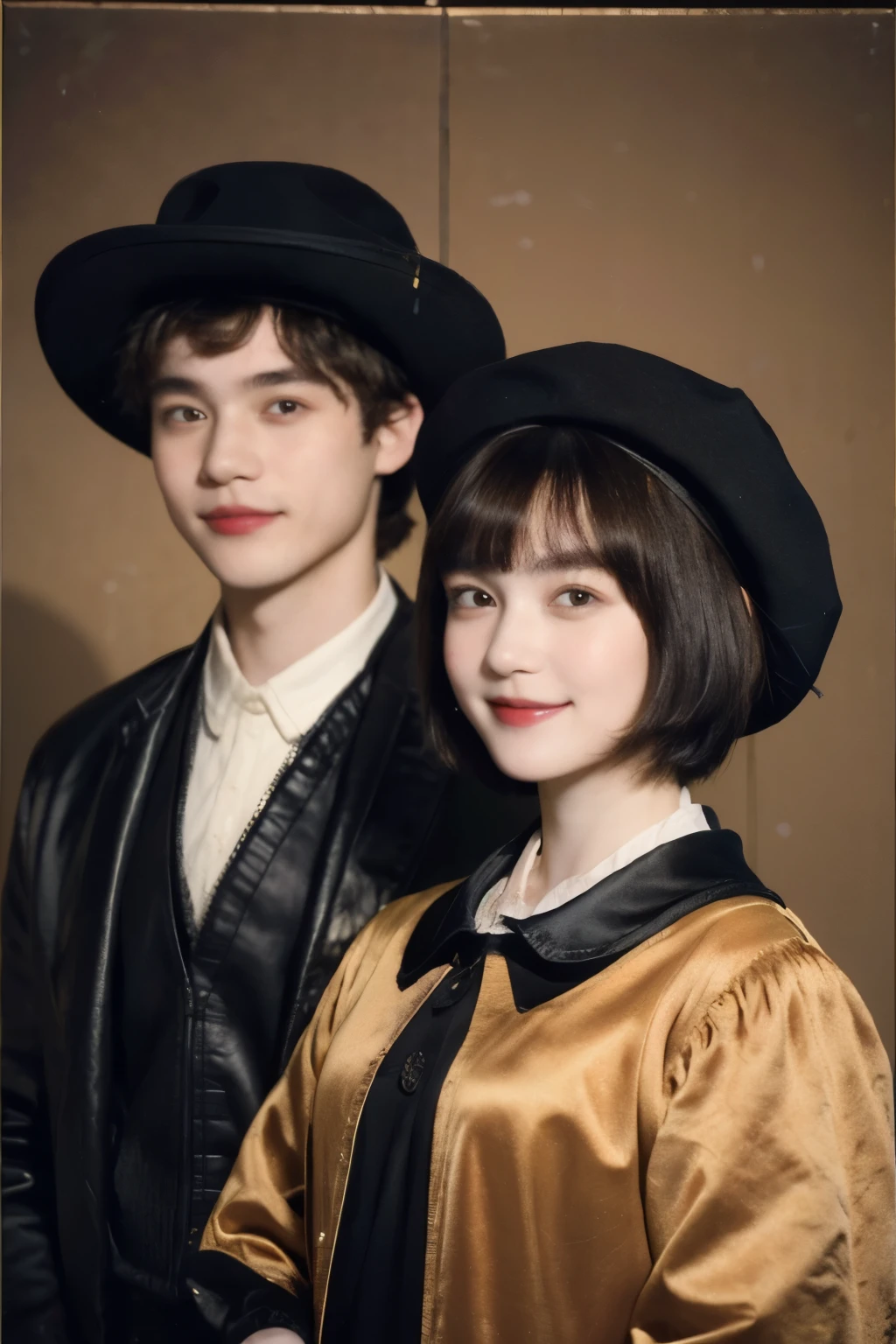 252 (An 18-year-old female and an 18-year-old male), (short hair),kind, lipstick, (Rembrandt-style painting), smile