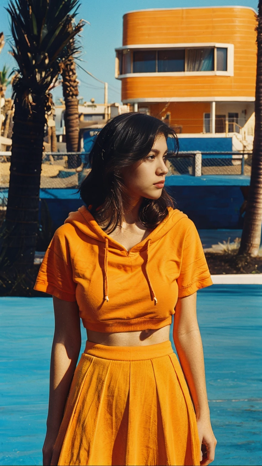 portrait of a 23 yo girl, (perfect natural breast) ,wear ((orange color oversized hoodie)), wear ((purple tennis skirt)),looking front,Best Quality,Masterpiece,Ultra High Resolution,(Realisticity:1.4),Original Photo, 1Girl, light leak,ultra high resolution,UHD,beautiful, (black bob hair), almond eye, no makeup, in front of (80's mondrian architecture motel), (realistic:1.2), (surreal:1.3), (very detailed:1.1), ((masterpiece)),summer, blue sky, palm trees,sunny, los angles vibes,film camera, 800mm lens,style of Philip Lorca diCorcia