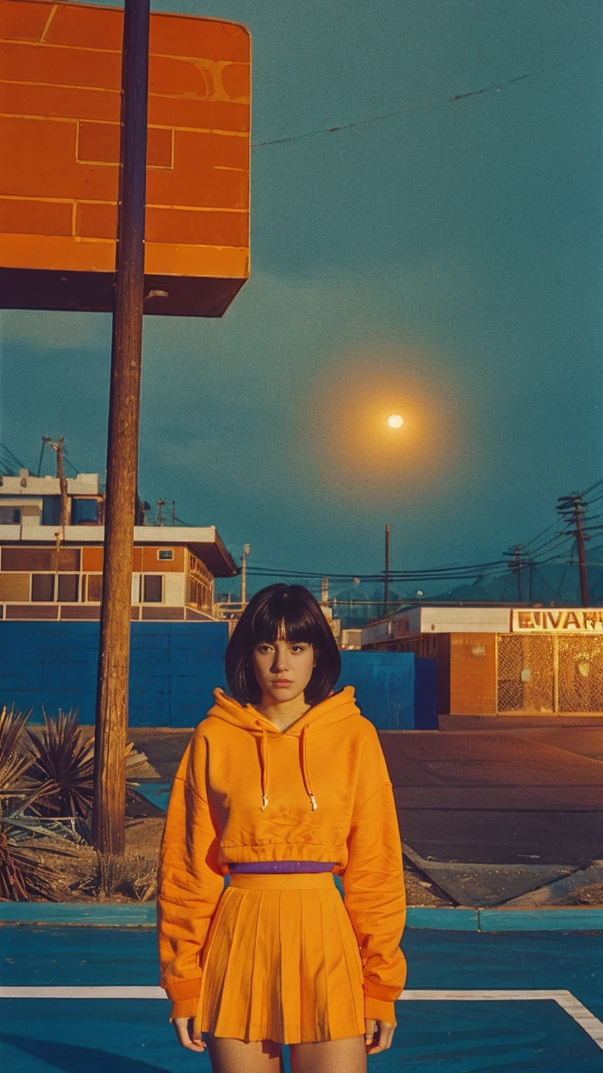 portrait of a 23 yo girl, (perfect natural breast) ,wear ((orange color oversized hoodie)), wear ((purple tennis skirt)),looking front,Best Quality,Masterpiece,Ultra High Resolution,(Realisticity:1.4),Original Photo, 1Girl, light leak,ultra high resolution,UHD,beautiful, (black bob hair), almond eye, no makeup, in front of (80's mondrian architecture motel), (realistic:1.2), (surreal:1.3), (very detailed:1.1), ((masterpiece)),summer, blue sky, palm trees,sunny, los angles vibes,film camera, 800mm lens,style of Philip Lorca diCorcia