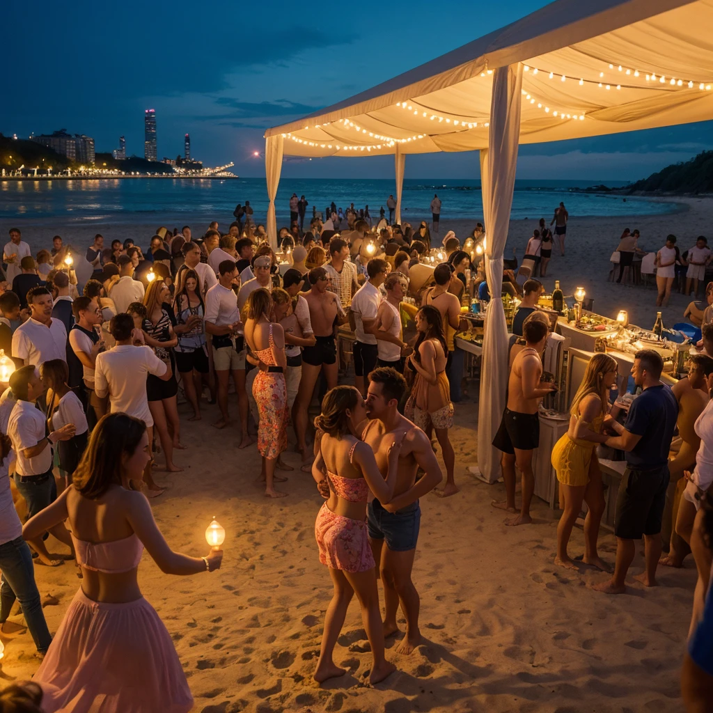 masterpiece, Best quality, ultra-realistic image, Embankment, party, women and men, beach, night, everyone is dressed in bright summer clothes. Party lights, music, ((dancing)), fun, many people, все танцуют на beachе, хороводы на beachе, lots of light from bulbs