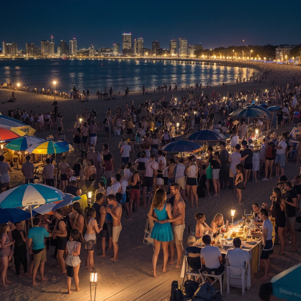 masterpiece, Best quality, ultra-realistic image, Embankment, party, women and men, beach, night, everyone is dressed in bright summer clothes. Party lights, music, ((dancing)), fun, many people, все танцуют на beachе, хороводы на beachе, lots of light from bulbs