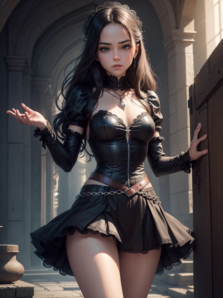 a beatiful , gothic, showing your body, showing your charm, perfect body, small waist. Wearing short clothes, dynamic pose. Small girl, delicade girld, cute girl. Ultra resolution, perfect eyes, perfect anatomy, perfect hand, perfect body. 8k ultra hd, ultra definition, photorealistic digital art, high quality illumination, high definition textures. Cinematic ambience, wonderful background