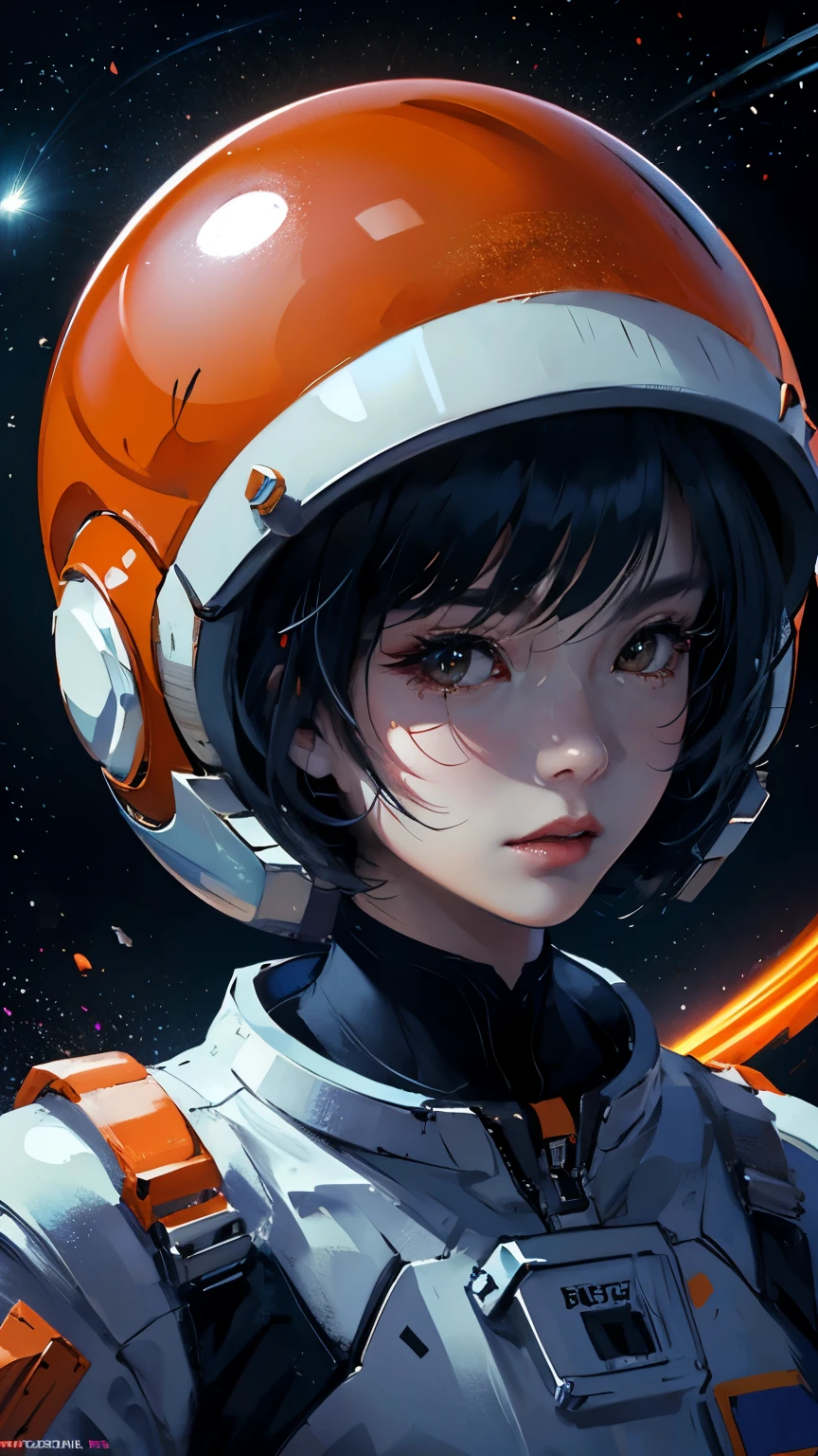 Looking at the camera、Upper Body、Short black hair、Orange space suit、Space Background、Flying through space、High resolution、High resolution、Maximum resolution 、Asian、Moderate bust、woman、nasa、Helmet
