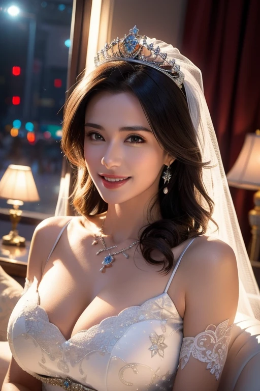 a gorgeous busty woman, royal bride, tiara, the queen, beautiful detailed smile, beautiful detailed teeth, POV, lover, cinematic dramatic lighting, (best quality,4k,8k,highres,masterpiece:1.2),ultra-detailed,(realistic,photorealistic,photo-realistic:1.37),HDR,UHD,studio lighting,ultra-fine painting,sharp focus,physically-based rendering,extreme detail description,professional,vivid colors,bokeh,portrait,photorealistic,cinematic