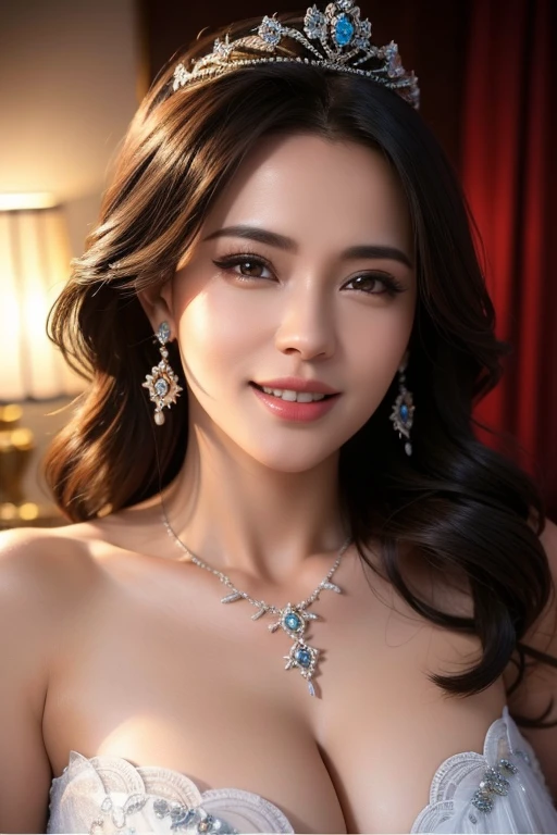 a gorgeous busty woman, royal bride, tiara, the queen, beautiful detailed smile, beautiful detailed teeth, POV, lover, cinematic dramatic lighting, (best quality,4k,8k,highres,masterpiece:1.2),ultra-detailed,(realistic,photorealistic,photo-realistic:1.37),HDR,UHD,studio lighting,ultra-fine painting,sharp focus,physically-based rendering,extreme detail description,professional,vivid colors,bokeh,portrait,photorealistic,cinematic