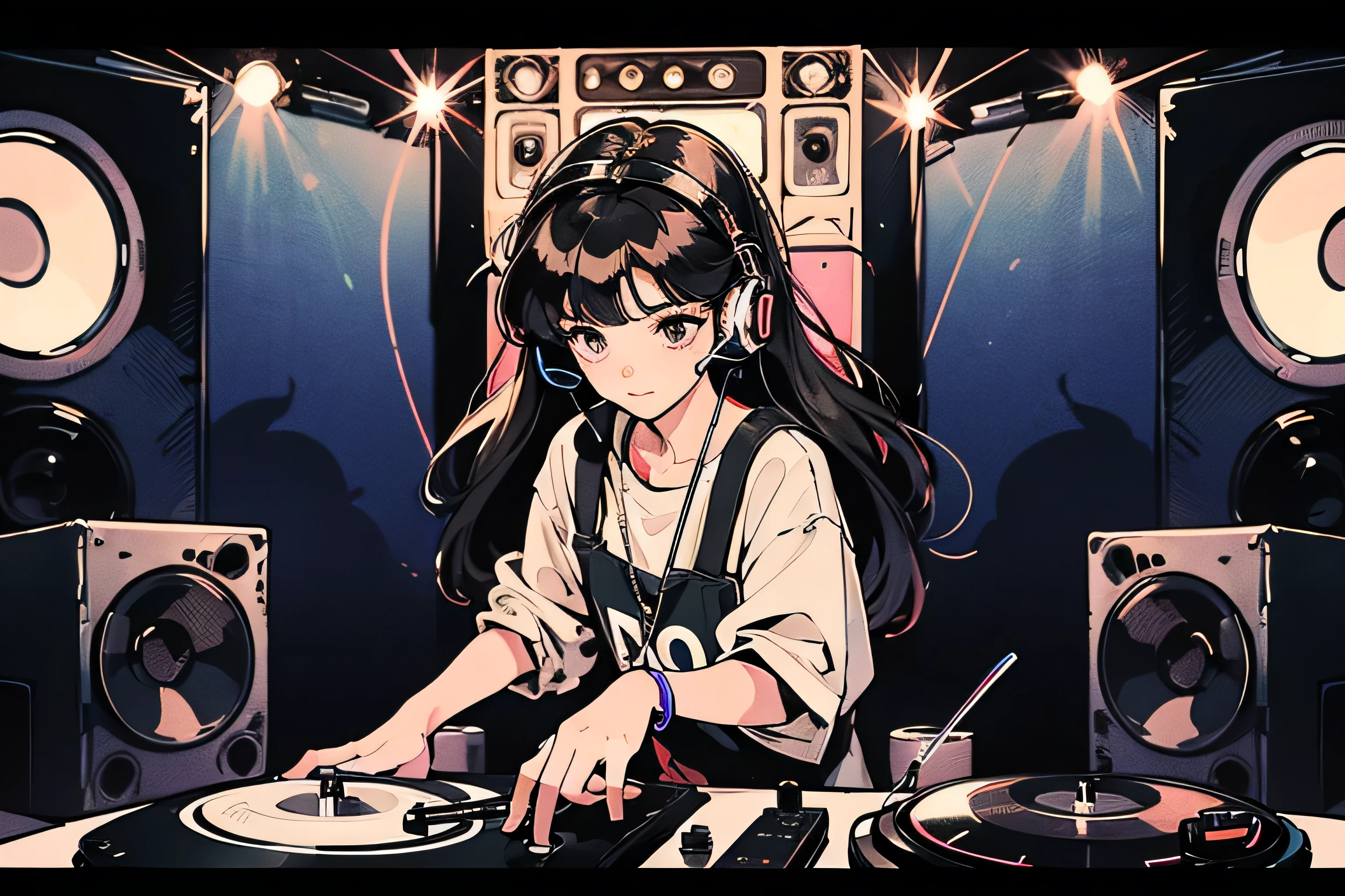 "DJ girl in hip-hop fashion wearing a cool headset,Front view , Two large LED-illuminated speakers on each side, Immerse yourself in a neon-lit environment, In front of her is a music mixer and a turntable.、A record is placed on the turntable,