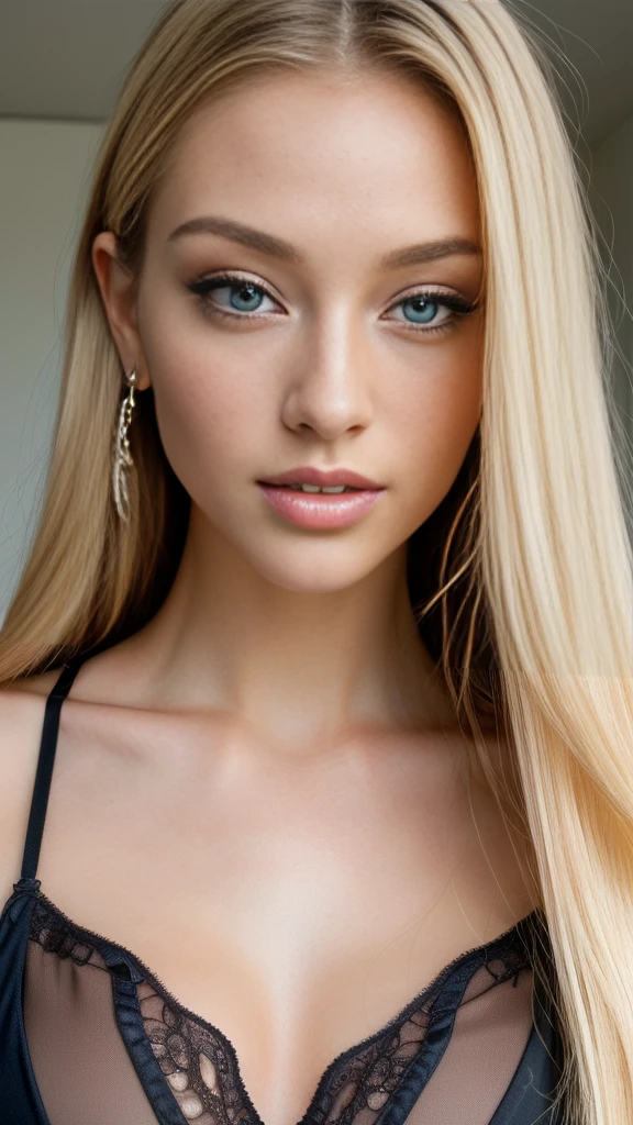 1girl in, age 25, Fashion model, Solo, Close-up, [[[chest]]], [[[head]]], Long blonde hair, Perfect Eyes with azure iris, Perfect Lips, Perfect Teeth, Perfect Skin glowing under soft front light, Subtle shine, High resolution, Calm colors:1.2, Wearing a lace bra that slightly reveals cleavage, Realistic, Naturalistic, NSFW.

This image captures a fashion model in her prime, radiating a natural beauty that is both captivating and ethereal. At 25 years old, she exudes confidence and elegance, her perfect features