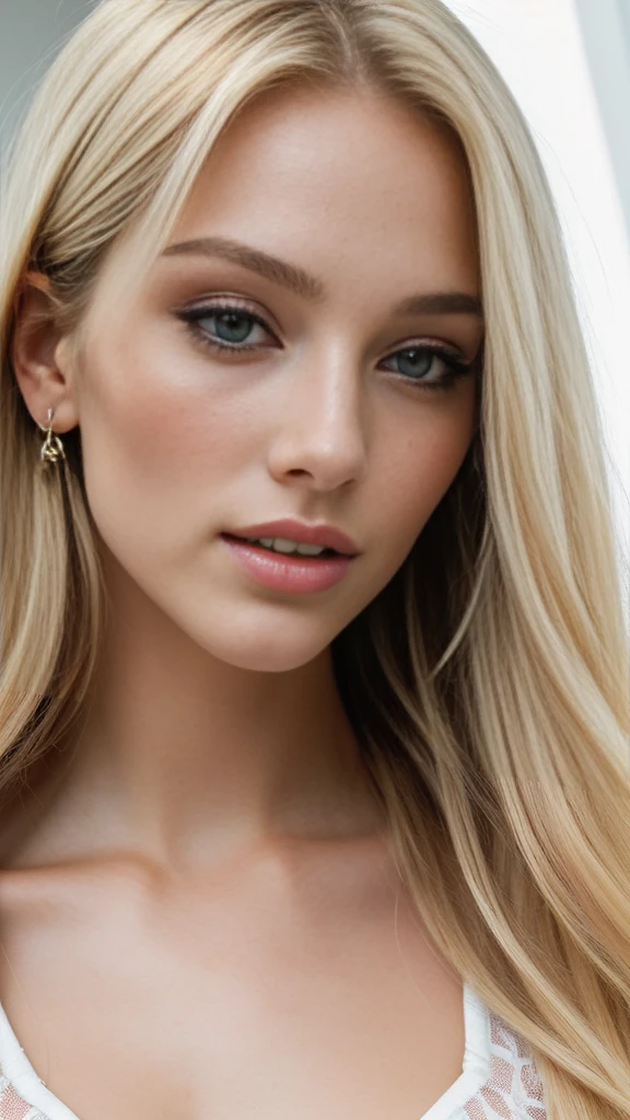 1girl in, age 25, Fashion model, Solo, Close-up, [[[chest]]], [[[head]]], Long blonde hair, Perfect Eyes with azure iris, Perfect Lips, Perfect Teeth, Perfect Skin glowing under soft front light, Subtle shine, High resolution, Calm colors:1.2, Wearing a lace bra that slightly reveals cleavage, Realistic, Naturalistic, NSFW.

This image captures a fashion model in her prime, radiating a natural beauty that is both captivating and ethereal. At 25 years old, she exudes confidence and elegance, her perfect features