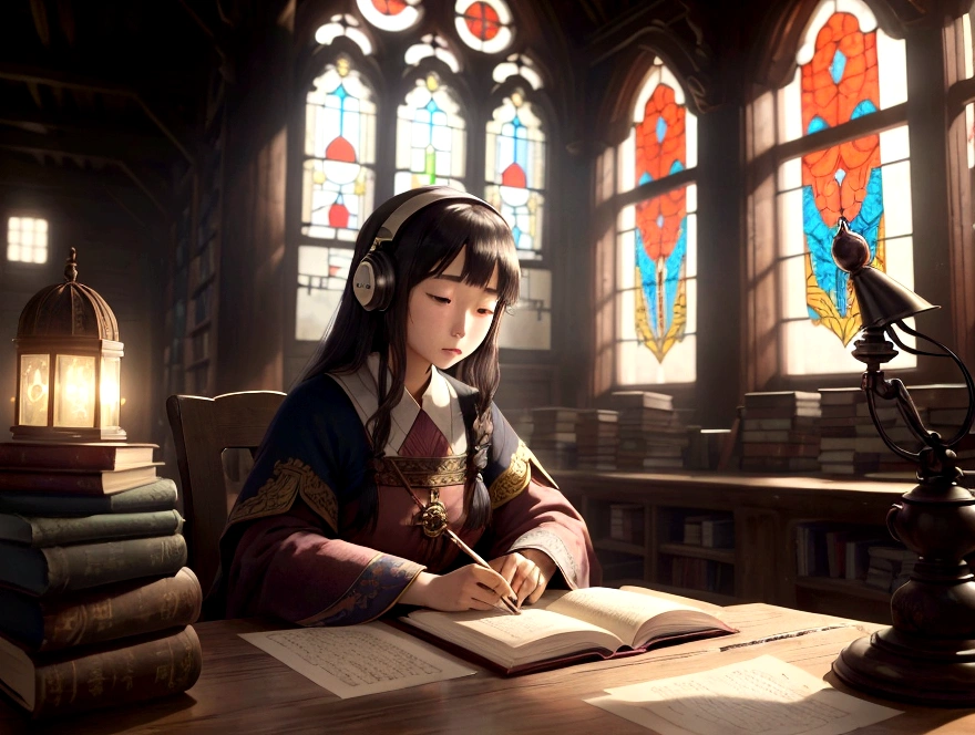 in an old library,A young woman wearing headphones,Concentrate on writing on the manuscript with a quill pen。She sits at a heavy wooden desk,Surrounded by ancient books and scrolls。Through the tall stained glass windows,You can see the gloomy sky and ancient stone carvings outside。Quiet and peaceful inside the library,Just hear the sound of paper turning,Gives people a sense of history and concentration。