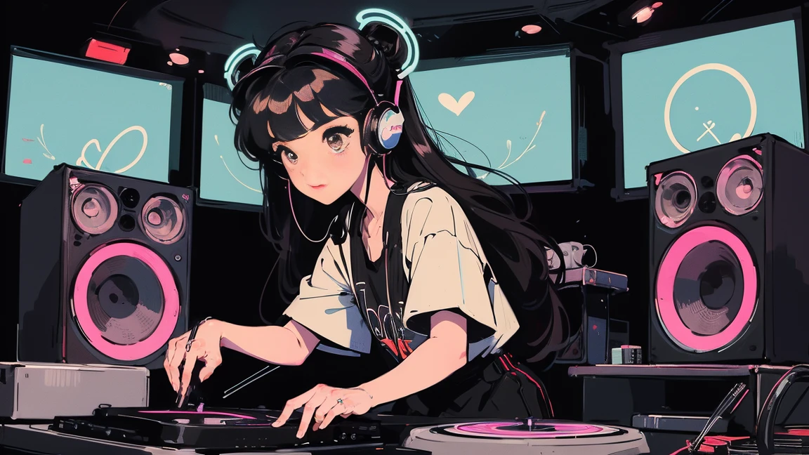 DJ girl in hip-hop fashion wearing a cool headset,Front view , Two large LED-illuminated speakers on each side, Immerse yourself in a neon-lit environment, In front of her is a music mixer and a turntable.、A record is placed on the turntable,ターンテーブルはTechnics SL-1200MK7,