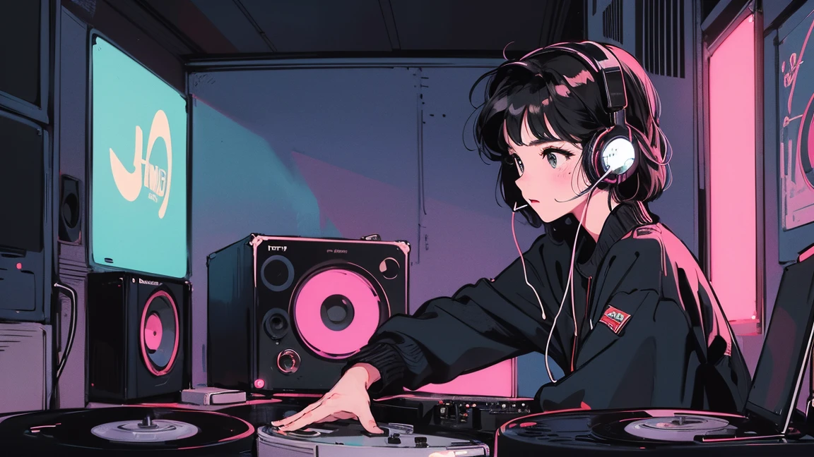 DJ girl in hip-hop fashion wearing a cool headset,Front view , Two large LED-illuminated speakers on each side, Immerse yourself in a neon-lit environment, In front of her is a music mixer and a turntable.、A record is placed on the turntable,ターンテーブルはTechnics SL-1200MK7,