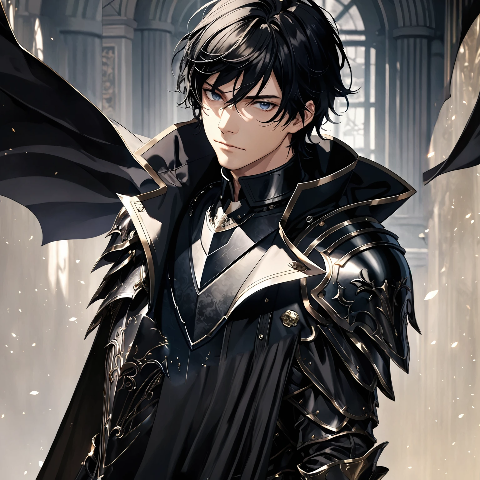 masterpiece, best quality, 1man, adult, male focus, solo, medium hair, black hair,, looking at viewer, cape, High quality metal texture, overcoat, closed mouth, upper body, bangs, high collar,(kbxll:0.6), Fantasy aesthetics, Highly detailed, shadowverse style, armored gloves, metallic gloves, black armor