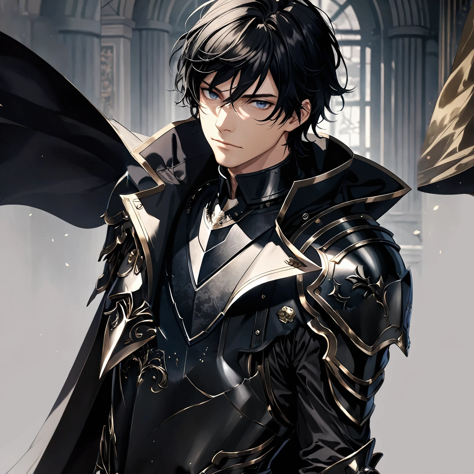 masterpiece, best quality, 1man, adult, male focus, solo, medium hair, black hair,, looking at viewer, cape, High quality metal texture, overcoat, closed mouth, upper body, bangs, high collar,(kbxll:0.6), Fantasy aesthetics, Highly detailed, shadowverse style, armored gloves, metallic gloves, black armor