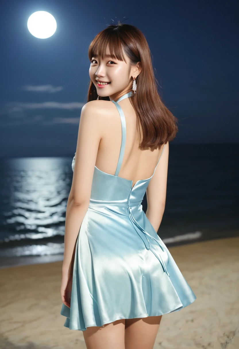 (8K、RAW Photos、Highest quality、Masterpiece: 1.2)Highest quality, masterpiece, Ultra High Resolution High Resolution 1 Girl, Very bright backlight, alone, {Beautiful and detailed}, Large Breasts, Dazzling moonlight, Calm expression, Natural and soft light, Windblown Hair, Delicate facial features, Blunt bangs, Beautiful Korean Girl, Smile eyes, Very small earrings,(Wearing a satin dress:1.3),(Looking back from the back:1.3) ,23 years old, Film Grain, Real Hands,A shy smile,Sexy pose、whole body