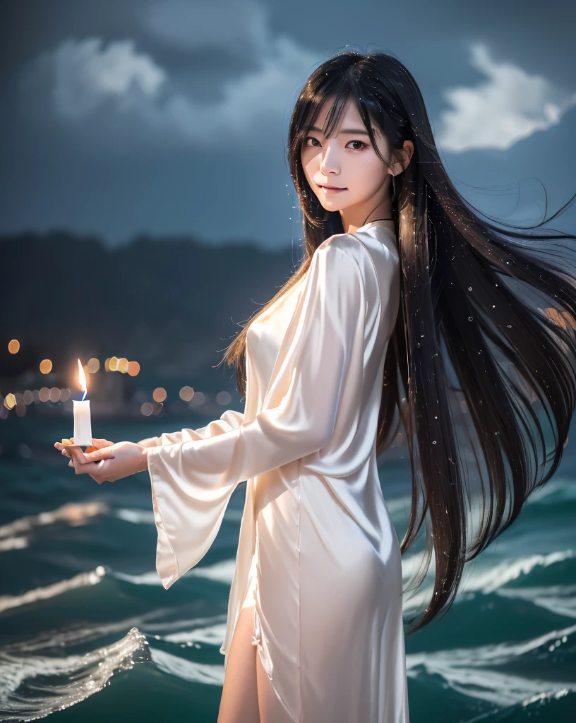 (Highest quality, 32k, High resolution, Masterpiece:1.5, ), marimo_jet, god々A photograph with brilliant dazzling and healing power., Representing the end of despair and the beginning of hope, Expressing emotions, Have a rich imagination, ((夜の嵐で荒れる海原に立つgod々Shii Girl:1.4)), In the darkness, her inner kindness begins to shine., Beautiful Japanese Girls, ((Full body shot from the front:1.6)), An exceptionally beautiful face, Small Face Beauty, Perfect Human Anatomy, Close your eyes as if praying, Motherhood and generosity, Deep Love, fleeting smile, Shiny black hair, ((Beautiful, wind-blown, super long, straight silk hair:1.3)), Asymmetrical bangs, Hair between the eyes, Transparent, soft white skin, Sharp eyebrows, Thin lashes, Natural Makeup, Cheek highlighter, Pale pink detailed lips, ((White dress:1.3)), ((Holding a small lit candle carefully in both hands:1.3)), ((Rough sea at night:1.5)), ((Dark night background with black clouds and heavy rain:1.4)), Professional photographer, Professional Lighting, Professional models, god秘的