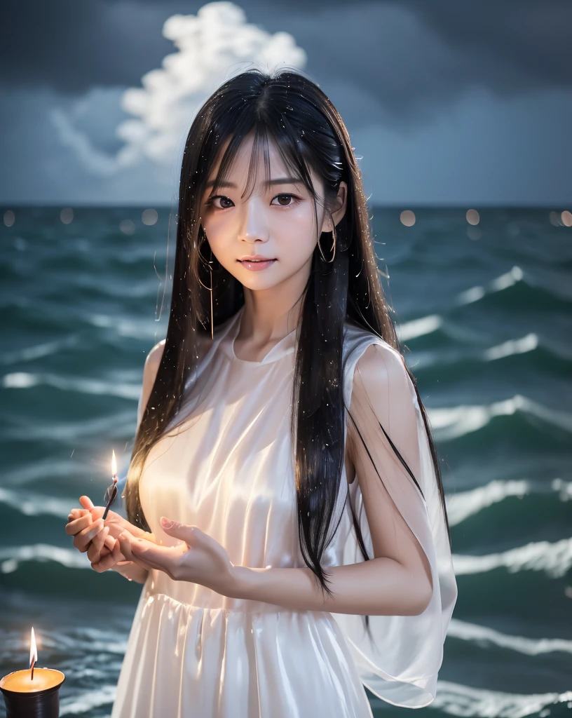 (Highest quality, 32k, High resolution, Masterpiece:1.5, ), marimo_jet, god々A photograph with brilliant dazzling and healing power., Representing the end of despair and the beginning of hope, Expressing emotions, Have a rich imagination, ((夜の嵐で荒れる海原に立つgod々Shii Girl:1.4)), In the darkness, her inner kindness begins to shine., Beautiful Japanese Girls, ((Full body shot from the front:1.6)), An exceptionally beautiful face, Small Face Beauty, Perfect Human Anatomy, Close your eyes as if praying, Motherhood and generosity, Deep Love, fleeting smile, Shiny black hair, ((Beautiful, wind-blown, super long, straight silk hair:1.3)), Asymmetrical bangs, Hair between the eyes, Transparent, soft white skin, Sharp eyebrows, Thin lashes, Natural Makeup, Cheek highlighter, Pale pink detailed lips, ((White dress:1.3)), ((Holding a small lit candle carefully in both hands:1.3)), ((Rough sea at night:1.5)), ((Dark night background with black clouds and heavy rain:1.4)), Professional photographer, Professional Lighting, Professional models, god秘的