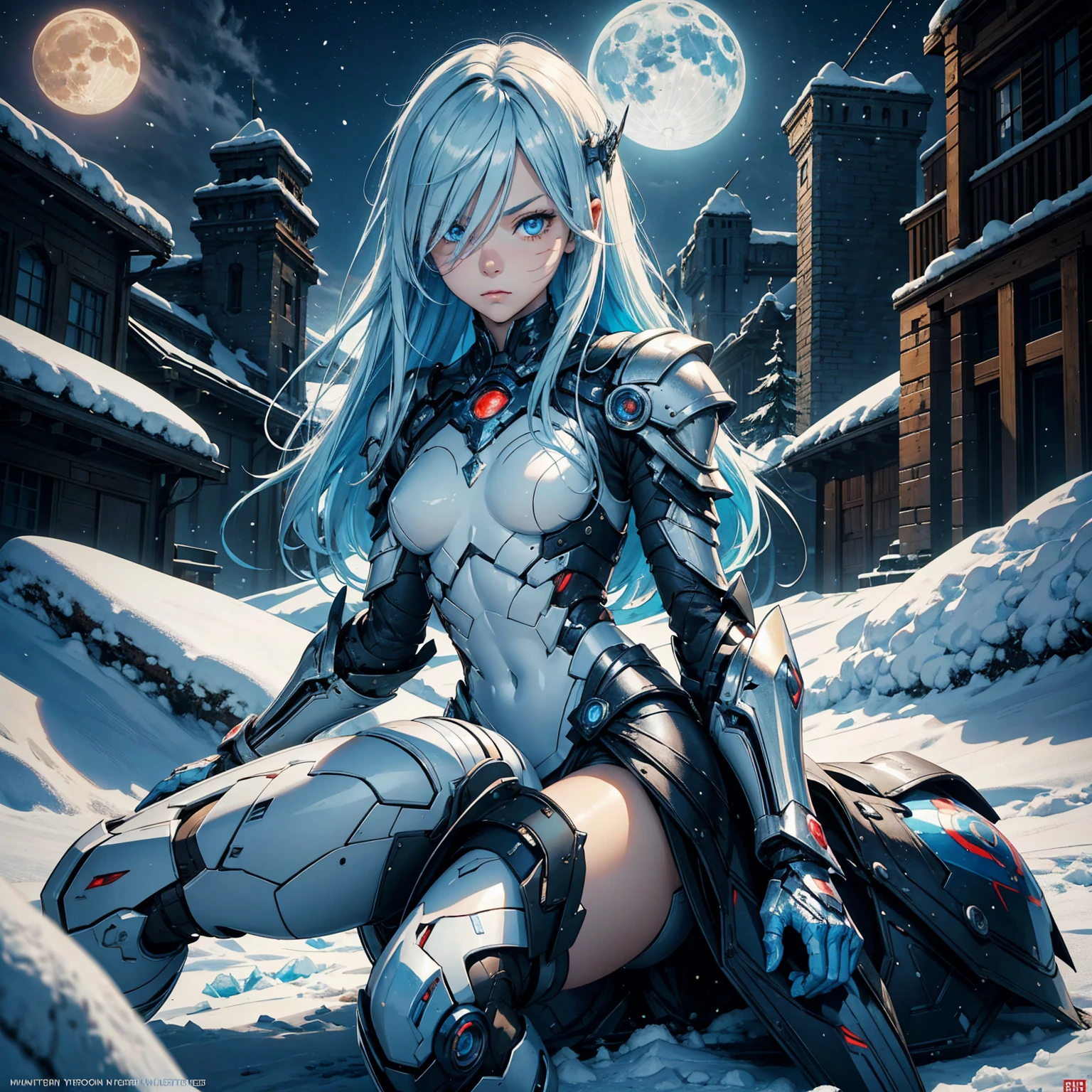1girl!!!, very long bob hair with bangs, light blue hair, very small breasts, small size, blue eyes, fair skin, very lots of scars on body!, no scars on face!!, serious face, Small battle armor, ice magic, full body, sitting, night, moon, snowy ruin, very sexy body, detailed face, highly detailed, 8k, best quality, masterpiece, vibrant colors, digital art, concept art