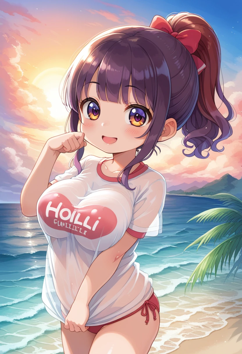 score_9,score_7_up, score_6_up, 1girl, source_cartoon, source_anime,breathtalking Scenery,watercolor,smooth soft skin, natural skin,watercolor, anime screencap,mjm,brs
BREAK
(:1.9),(little female child:1.9),(oppai loli), (large breasts:1.3),(disproportionate breasts:1.5),(loli tod:1.4),(mini girl:1.3),(4 yo:1.3),(Toddler body:1.4),(muffin top:0.8),(preschooler:1.1),(infant:1.1),(baby face),round face,
BREAK
high ponytail,(reddish purple hair:1.7),highlight on eyes,(purple eyes:1.1),diagonal bangs,(smug face:1.2),doyagao,open mouth, ultra cute face,kawaii,skindantation,oily skin, beautiful eyes, detailed eyes,happy,puffy eyes, smile,
BREAK
(see through over-sized extra long:1.2) t-shirt, short sleeves, (shadows of body:1.3),fullbody under (transparent thin:1.2) over-sized extra big shirt,back light,(bikini:0.8),
BREAK
dynamicpose,sea,wave,island,tropical,dynamicangle,breathtalking background, outdoors,pastelcolor,