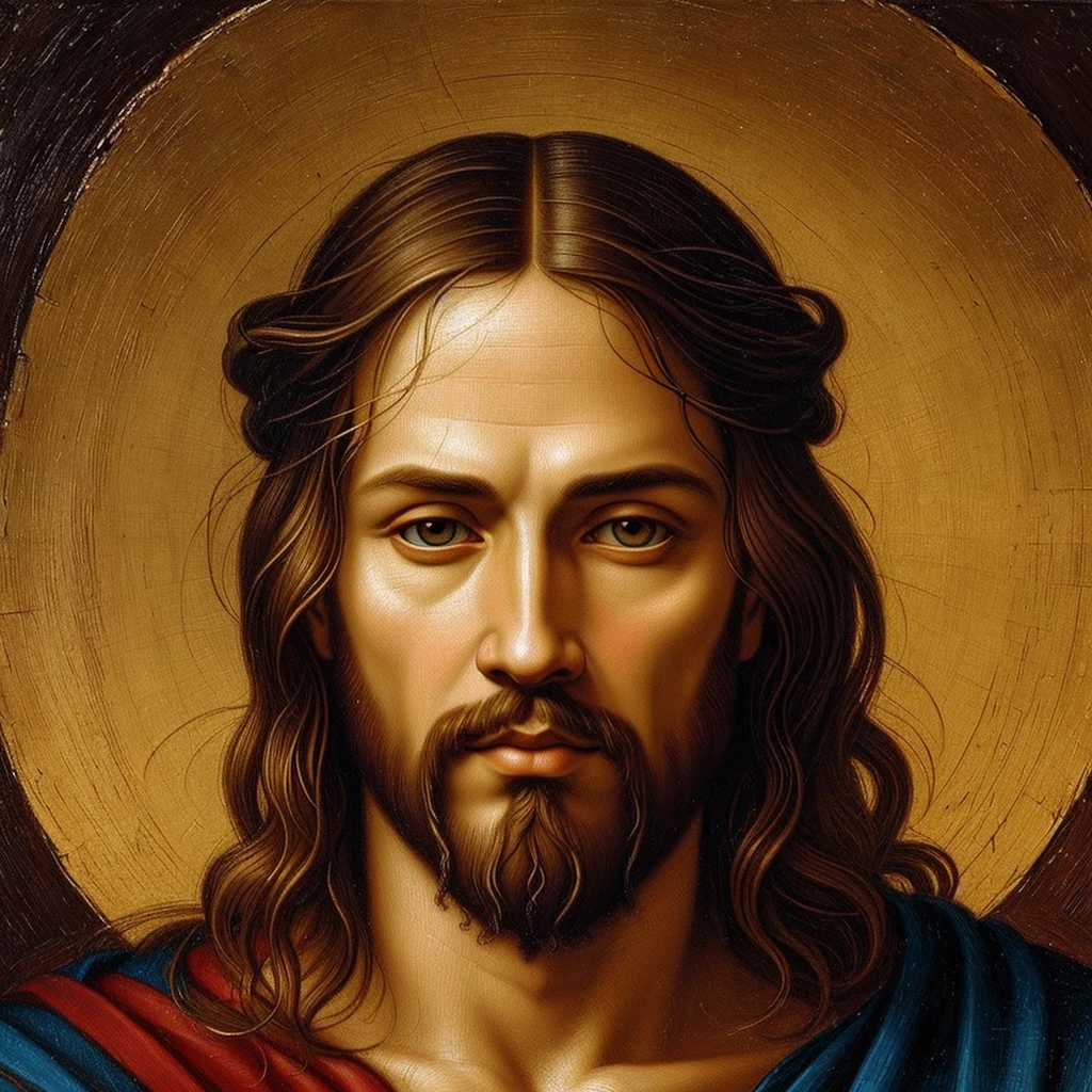 ncredible attention to detail showcases the iconic figure of Jesus in the style of Leonardo da Vinci. This masterful painting captures the essence of Jesus with captivating precision and artistry. The image portrays Jesus with delicate brushstrokes and exquisite shading, illuminating his serene expression and tender eyes. Every facial feature is meticulously rendered, evoking a profound sense of divinity and wisdom. The rich colors and subtle highlights further enhance the depth and realism of the painting, emanating an undeniable aura of brilliance. This exceptional artwork immortalizes Jesus in a truly magnificent and awe-inspiring manner. Floating, barefoot.
