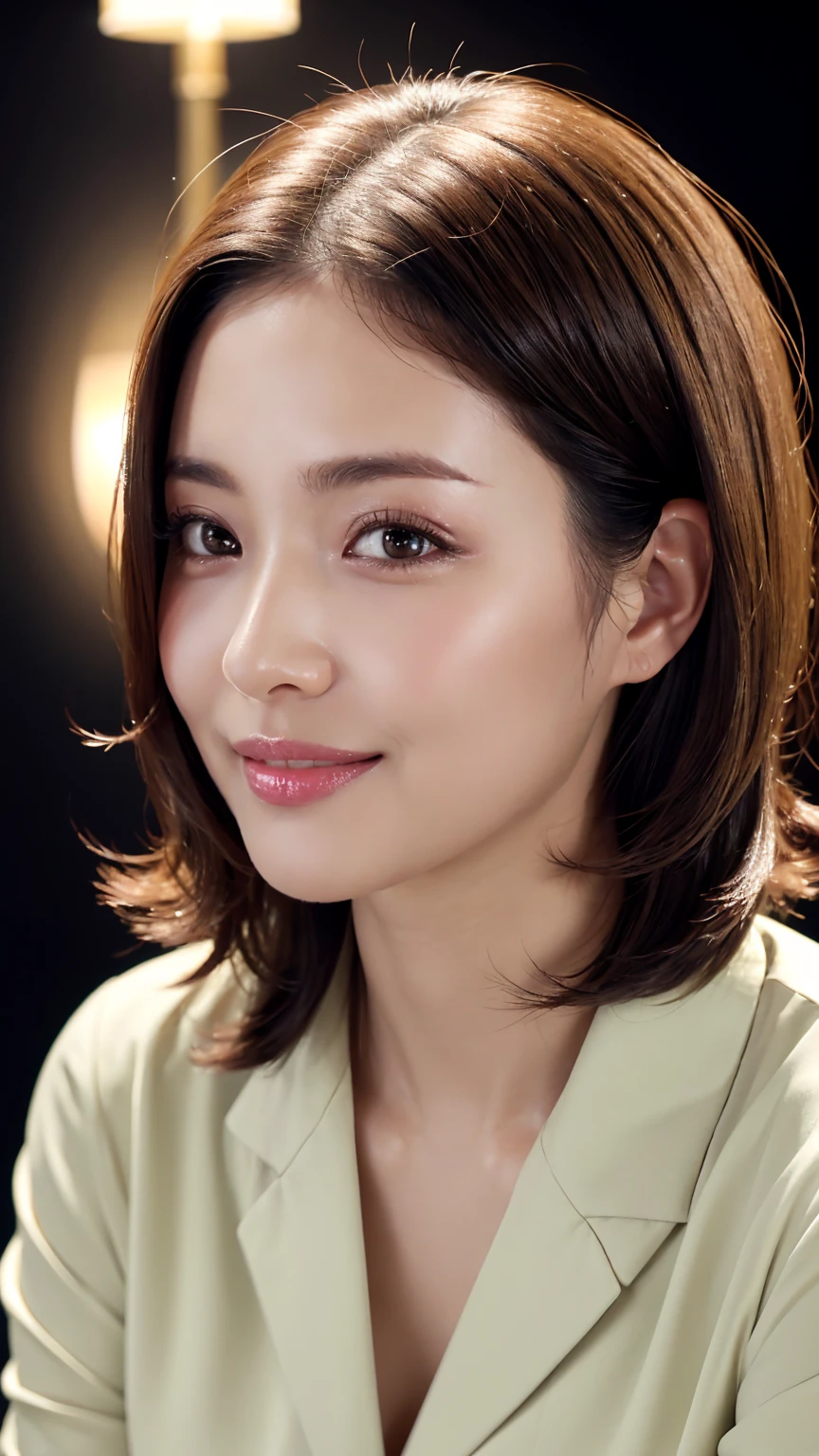 A beautiful woman with a short bob、 (Wrinkles around the eyes:1.2), ((Highest quality、Tabletop、8K、Best image quality、Award-winning works))、Look at me and smile、(Cleavage:1.1)、(Big Breasts:1.1)、open chest shirt, ((Unbutton)), Tight Fit Mini Skirt,
Great cinema lighting、(Romantic affection:1.2)、(The most romantic and moody atmosphere:1.2)、Glowing Beautiful Skin、(Accurate anatomy:1.1)、Ultra-high definition beauty face、Long eyelashes、Natural Makeup、Ultra HD Hair、Ultra-high resolution eyes、(超高解像度でGlowing Beautiful Skin:1.1)、Super high quality glossy lip、Glowing Beautiful Skin、Natural light dimming