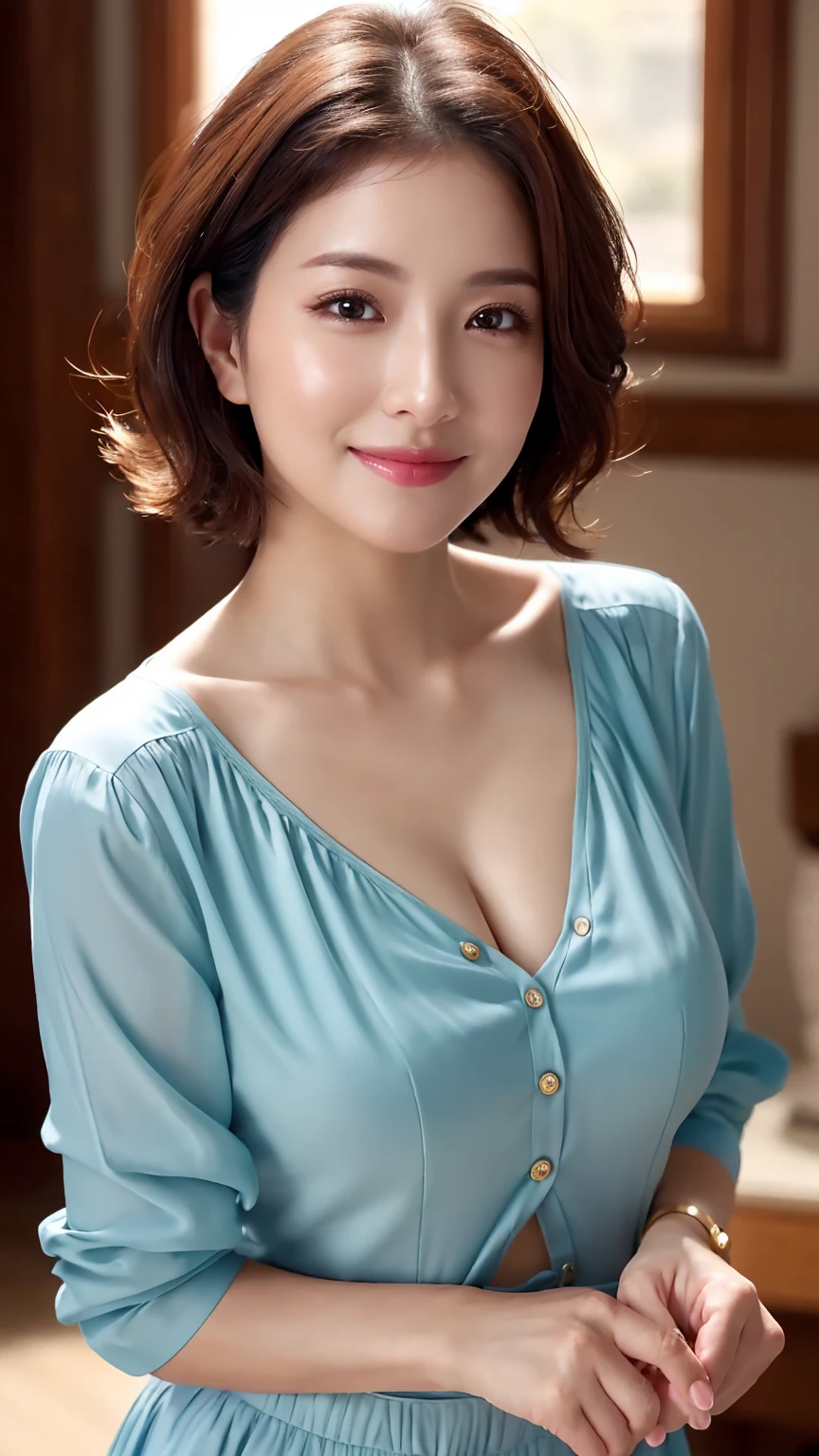 A beautiful woman with a short bob、 (Wrinkles around the eyes:1.2), ((Highest quality、Tabletop、8K、Best image quality、Award-winning works))、Look at me and smile、(Cleavage:1.1)、(Big Breasts:1.1)、open chest shirt, ((Unbutton)), Tight Fit Mini Skirt, 
Great cinema lighting、(Romantic affection:1.2)、(The most romantic and moody atmosphere:1.2)、Glowing Beautiful Skin、(Accurate anatomy:1.1)、Ultra-high definition beauty face、Long eyelashes、Natural Makeup、Ultra HD Hair、Ultra-high resolution eyes、(超高解像度でGlowing Beautiful Skin:1.1)、Super high quality glossy lip、Glowing Beautiful Skin、Natural light dimming