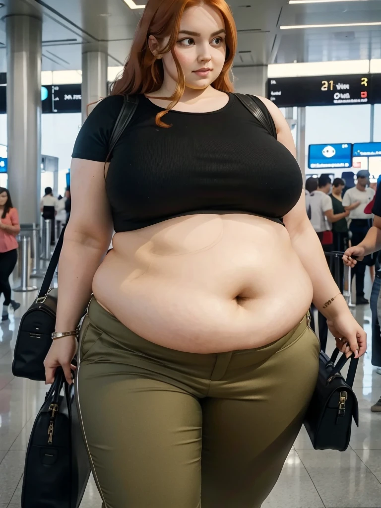 A plane passenger detailed photo of a Beautiful ginger SSBBW, with long wavy ginger hair, with big soft fat belly, thicc fat arms, thicc wide legs, big breast, in a cute green top tucked in her pants, and black pants, in an airport waiting for the plane, with one big shoulder bag