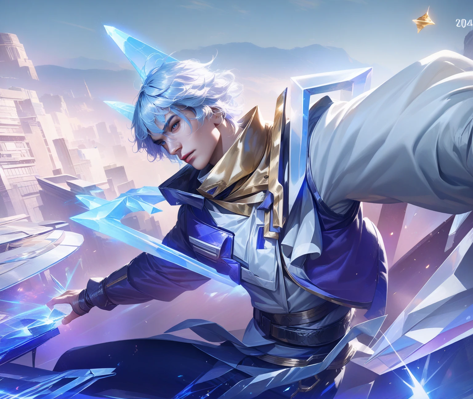 a handsome young man with sky blue hair, wearing a black and gold jacket, holding a glowing blue ice spike in his left hand, in a half-bent pose, with a cool and intense gaze, and deep blue eyes, (best quality, masterpiece:1.2), ultra-detailed, (realistic, photo-realistic:1.37), portrait, dramatic colors, intricate details, highly realistic, Japanese popular anime style, 2024, aesthetics, style, photorealistic, cinematic lighting, drop shadow, 4k, 8k, highres, UHD, masterpiece, high quality, best quality, 4K, highres, high details, accurate
