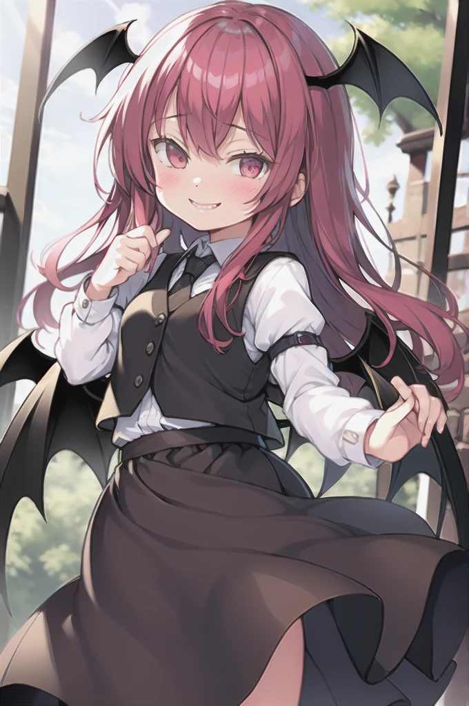 masterpiece, best quality,  chibi,1girl,koakuma, vest,necktie,skirt,wings,simple background,smile