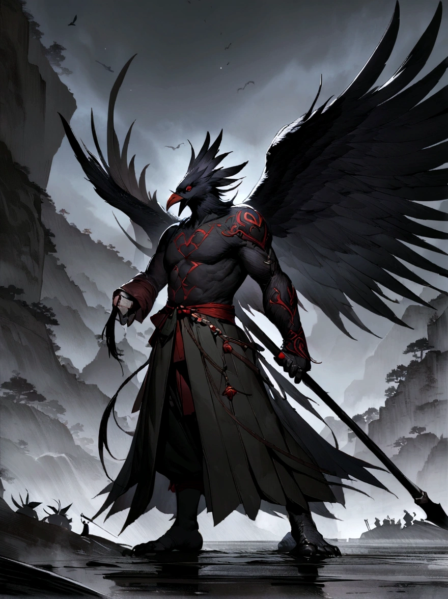 Raven Tengu, Traditional Japanese concept art，Chinese mythology，Anthropomorphic crow，Black wings，Night Sky，Spear in hand