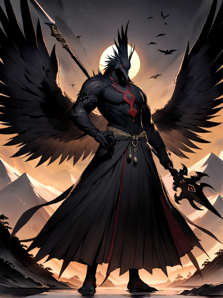 Raven Tengu, Traditional Japanese concept art,Chinese mythology,Anthropomorphic crow,Black wings,Night Sky,Spear in hand