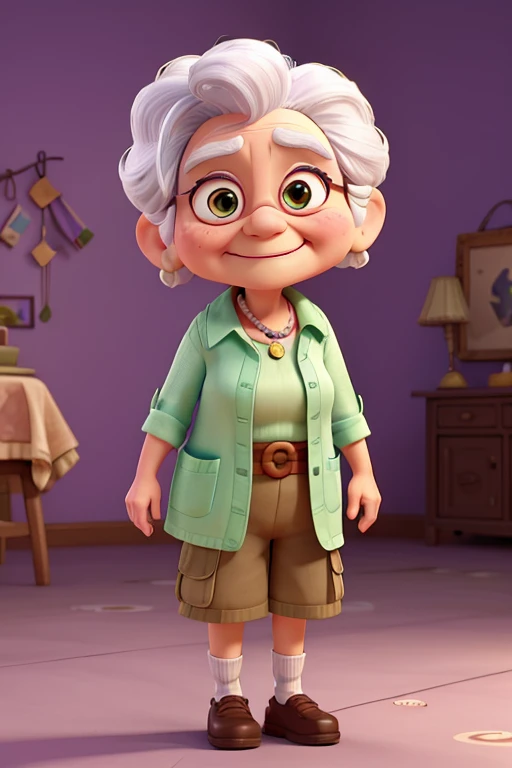 Elderly woman character from the film amusingly, disney pixar style,3d,white hair, eyes browns,light green blouse, shorts marrom, face with happy expression, with open arms, purple skin color, white background 8k quality