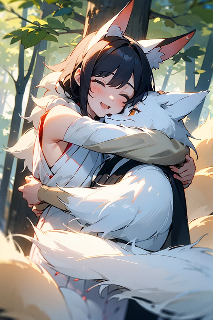 a young happy woman, in a spring forest, hugging a small white kitsune fox