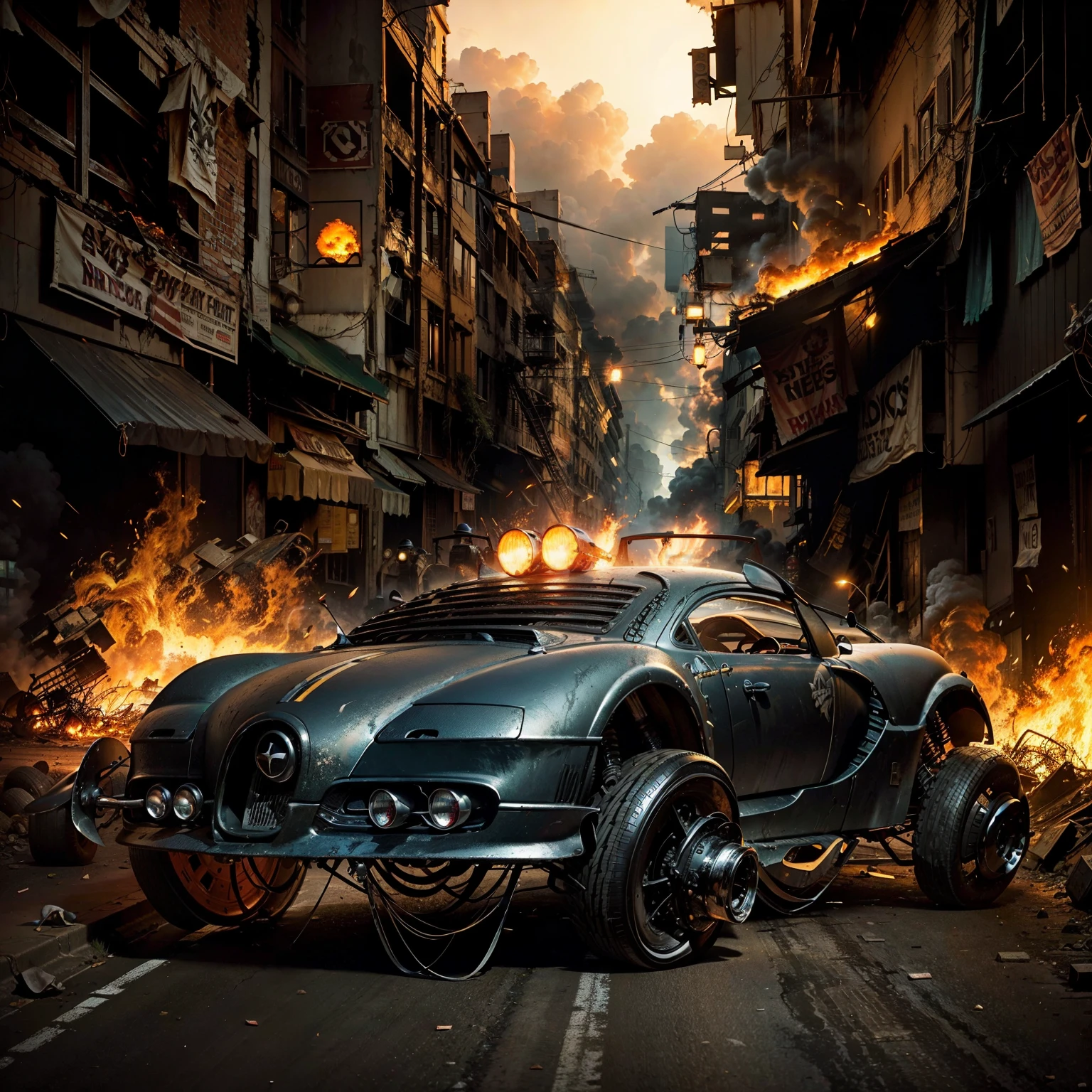 A  brilliant Black warrior Hot Rod car in the streets in the background is a sci fi abandoned city with a lot of buildings fire burning lights in the pos apocalypitic street