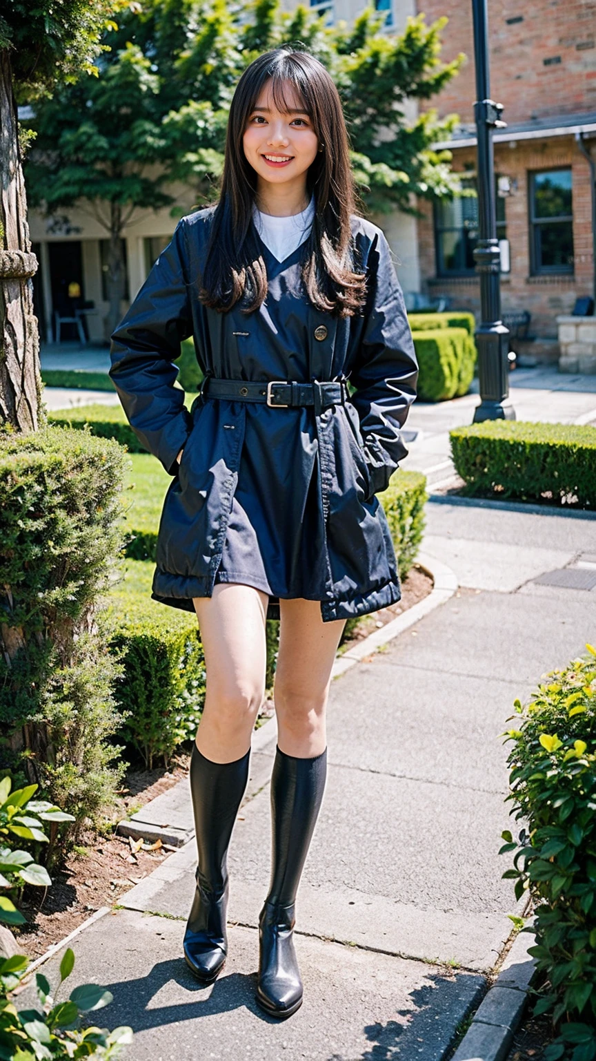(8K、RAW Photos、Highest quality、masterpiece:1.2)、(Realistic、Realistic)、1 Girl、((Check mini skirt、Long coat、Medium Hair、black、Thin legs、whole body、boots、blackいコート、one piece、tights、garden、View from the front、smile、Looking into the camera、belt、Stand with hands on hips))、cute