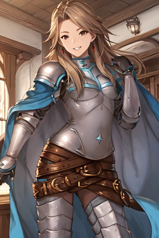 katalina (granblue fantasy), solo, 1girl, armor, gauntlets, belt, breastplate, gloves, shoulder armor, cape, pauldrons, pants, room, smile, standing, best quality, masterpiece, cloak