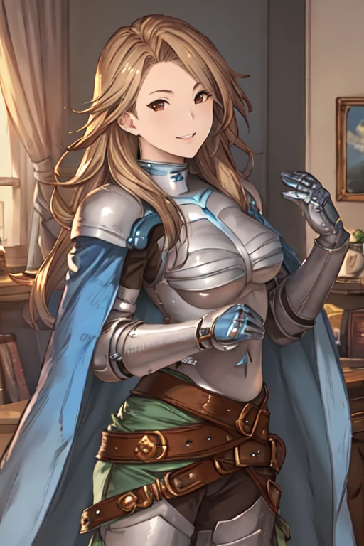 katalina (granblue fantasy), solo, 1girl, armor, gauntlets, belt, breastplate, gloves, shoulder armor, cape, pauldrons, pants, room, smile, standing, best quality, masterpiece, low-angle shot