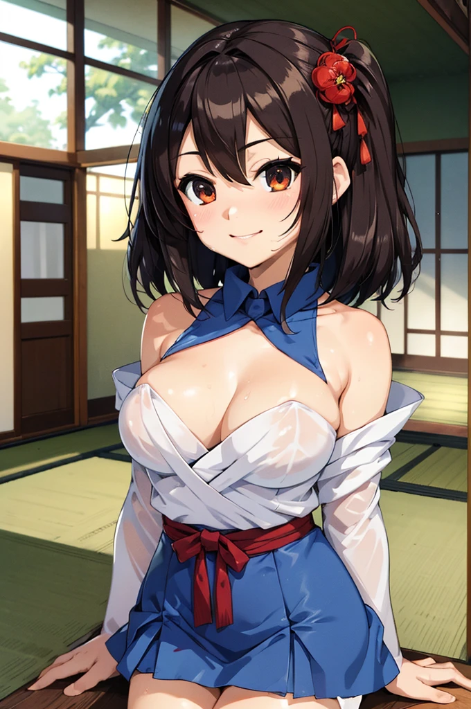 Highest quality, masterpiece, 4K, Highly detailed face, Highly detailed skin, Highly detailed wallpaper, Japanese anime, Second Dimension, Small face, Big Breasts, Normal body, Accurate body, Fine skin, Very beautiful cleavage, NSFW, whole body, One girl, Shy smile, Sweaty, Cosplay, , mini skirt, Straddle a man