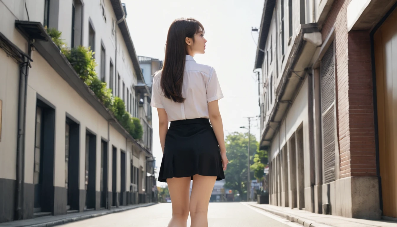 (best quality, masterpiece, ultra detailed, ultra high res, photorealistic, raw photo, absurdres, absolutely resolution), warm colors, office Street, 1 girl, white shirt, black tight skirt, from behind, long shot, wide shot, walking towards the other side, photographed from a distance