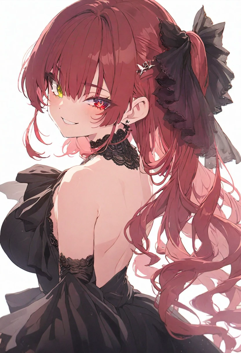 (muste piece), (best quality), very detailed eyes, expressive eyes, perfect face, very detailed face, highly detailed face, beautiful girl, 8K, beautiful girl, white background, delicate and beautiful face and eyes, dark intense shadow,
1 girl, vtuber style, cool girl, hololive, Houshou Marine, red hair, heterochromatic pupils, see-through:evening dress, big chest, cropped shoulders, clavicle from behind, looking back, smile, (whole body), standing,