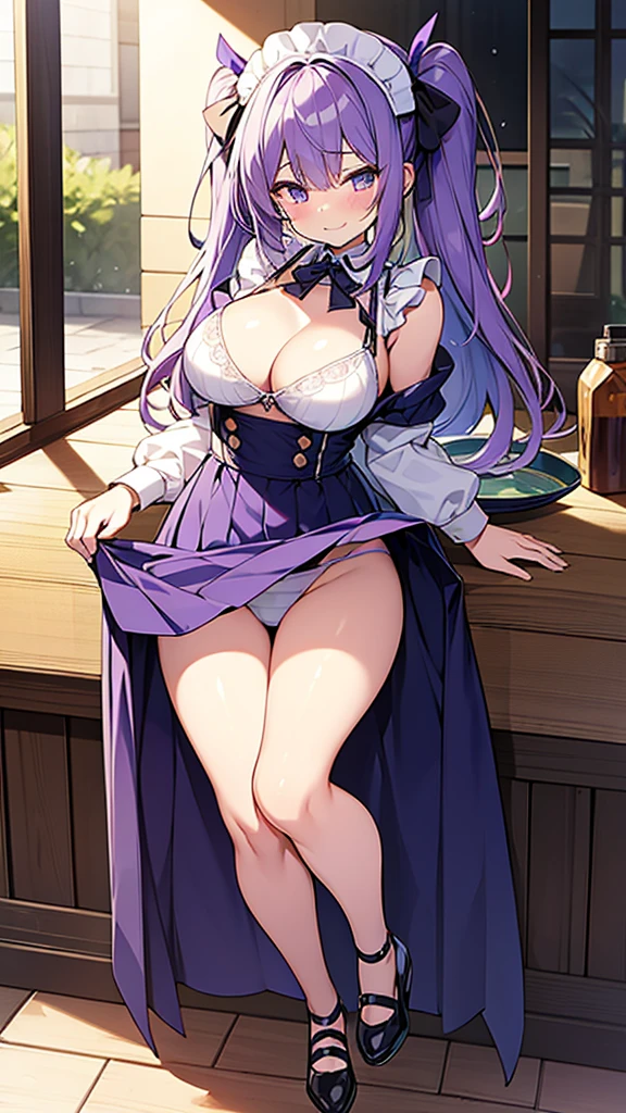 最high quality, high quality, 16K full body image, Ultra-detailed details, pretty girl, alone, beautiful purple hair, Beautiful purple eyes, Big Breasts, A light smile, Summer clothes, Summer Maid clothes, I'm lifting my skirt, Blue and white color striped underwear(Bikini swimsuit under skirt), My crotch is wet with love juice, {{A succubus who steals the face skin and maid uniform from the girl she likes and plays pranks on her、I'm wearing a maid outfit while pretending to be the girl I like.}}, The girl I like is a high school girl, Full body image, NSFW