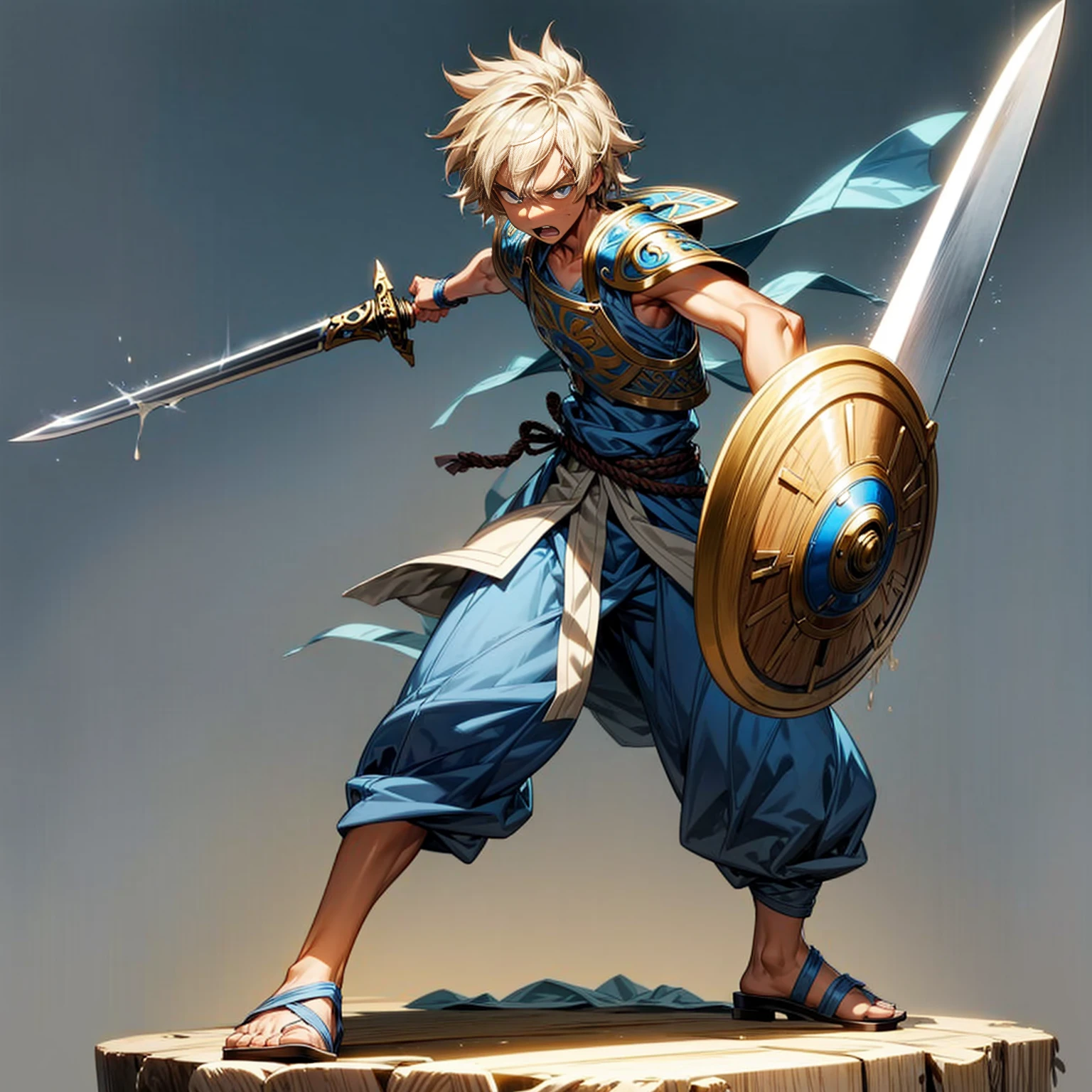 1boy, Full body version, 1character, blue eyes, Tan skin, long Shaggy hairstyle, blonde colour hair, angry expression, ancient Greek clothing, blue colour clothing, ancient Greek sandals, wood sword in hand, small shield wood in hand, wood armor vest, Grassroots background in beach, motion blur,